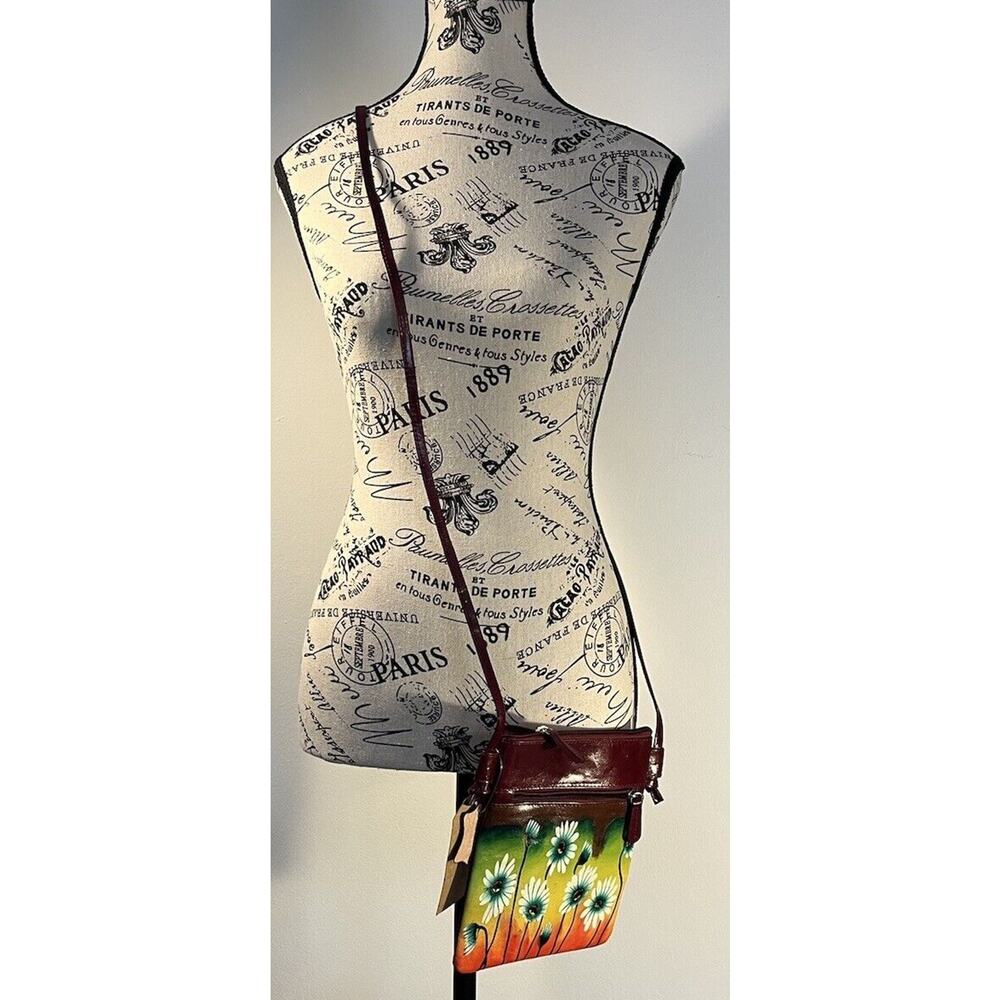 Women's Hand Painted Leather CrossBody Red with Flowers Made in India NWT